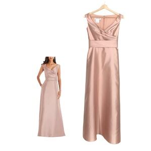 Alfred Sung Off-the-Shoulder Draped Wrap Satin Maxi Dress in Blush Size 0 NWT